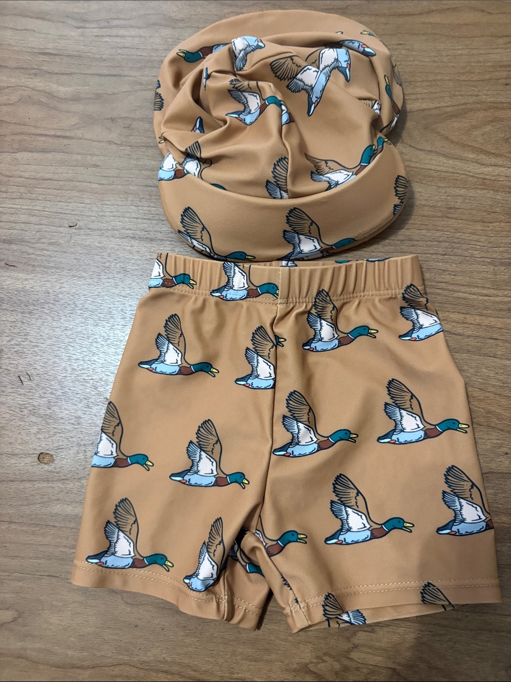 Kids Duck Print Swim Shorts and Beanie Set - Tan-Size 6-12M